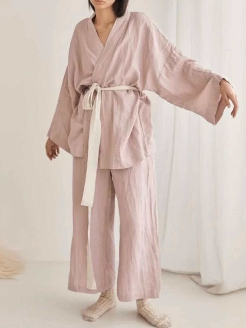 Deiji Studios Linen Ease Trouser - Beige Wide Straight Leg Easy Pants